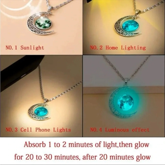 Glow in the Dark Moon Necklace | Crescent Lunar Pendant Silver Chain - Picture 4 of 4